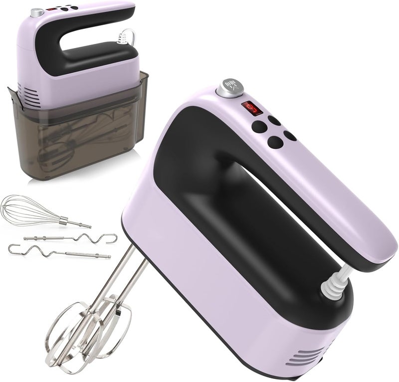 Yomelo 9-Speed Digital Hand Mixer Electric, 400W Powerful DC Motor, Hand Mixer Electric Handheld with Snap-On Storage Case, 5 Stainless Steel Accessories, Beaters, Dough Hooks, Whisk(Purple/Black) - Image 1